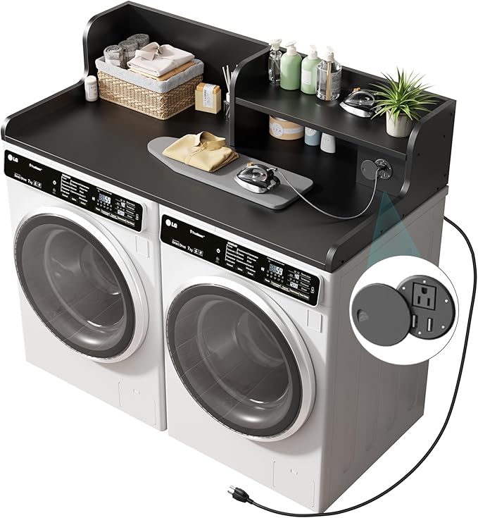 DTK Washer Dryer Countertop with Charging Station, 2 Tier Laundry Countertop with Anti-Slip Strips, 27.55" Depth x 54" Width, Wood Dryer Cover with Shelf, Black