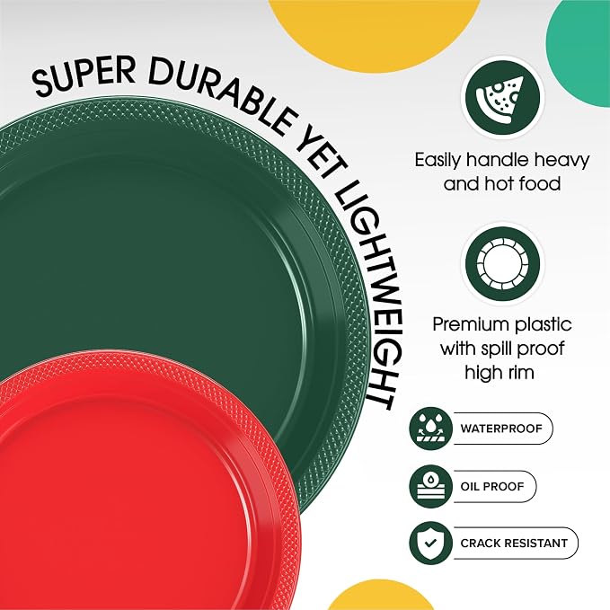 Exquisite Party Solids Green & Red Plates Disposable Green & Red Plastic Plates 100 Pieces - 50-7" & 50-9" Heavy Duty 350 GSM Disposable Dinnerware Sets, Plastic Dinnerware Sets