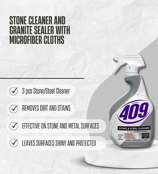 3x Formula 409 Multi-Surface Cleaner 32 oz Spray + Granite Sealer Bundle with Microfiber Towel – Cleans, Seals & Protects Stone and Steel Surfaces – Gift Set (5 Items)
