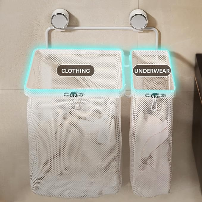 Suction Cup Mesh Laundry Hamper Wall Mounted Collapsible Clothes Organizer Removable Storage Bags for Bathroom Lavatory
