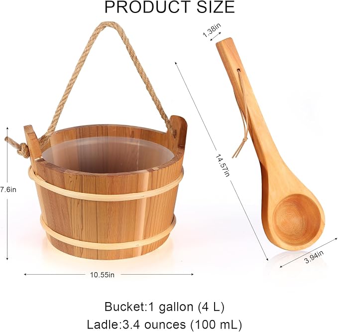 Wooden Sauna Bucket and Ladle Set, Handmade from Natural Pine with Rope Handle,4L (4L Cedar Wood)