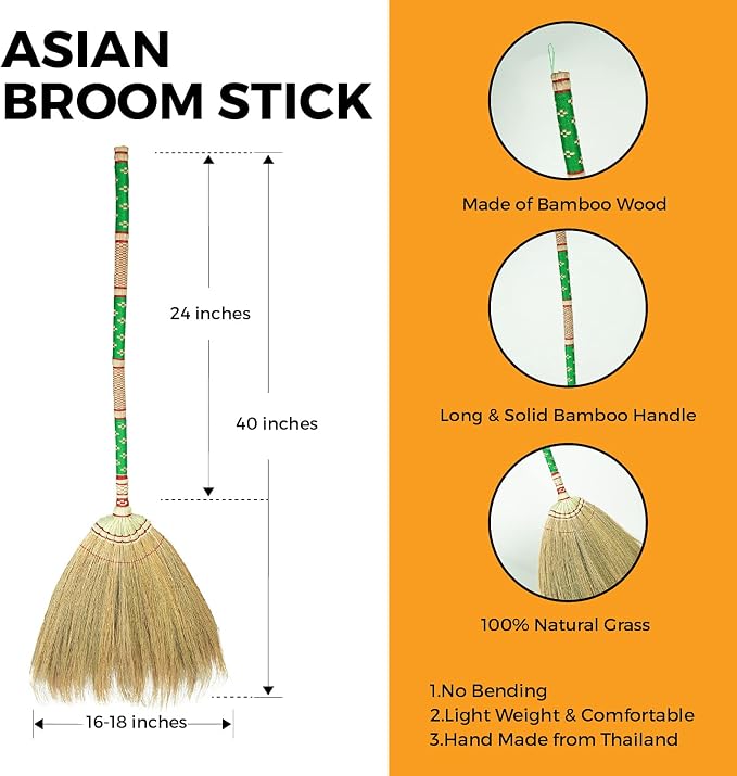 Asian Broom Grass Bamboo Stick with Full Embroidery Woven Nylon Thread Handle (Thai Pattern 2, Green)