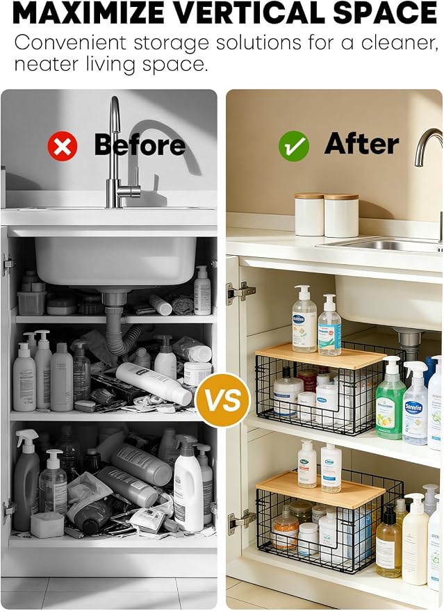 Trash Bag Dispenser Under Sink - 3-in-1 Metal Wire Plastic Trash Bag Holder with Bamboo Lid - Fits Large Trash Bag Rolls for Kitchen Cabinet, Pantry & Garage - Space-Saving Garbage Bag Dispenser