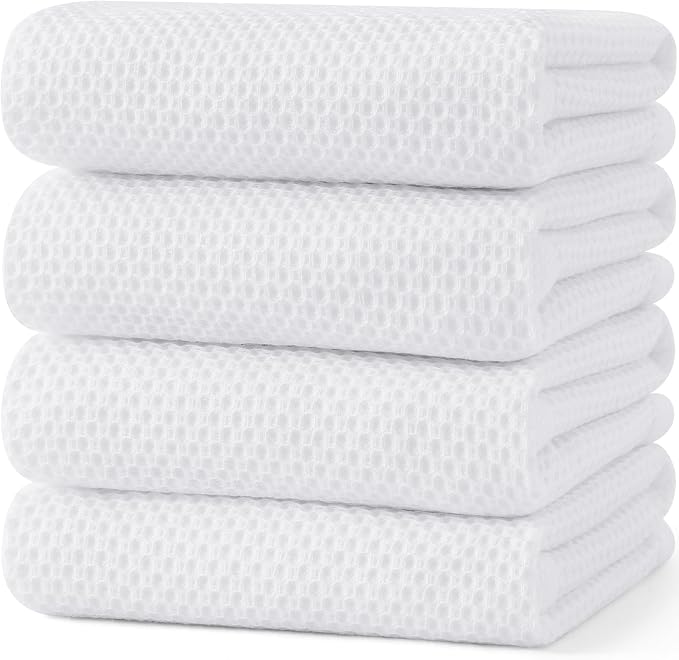 Kitinjoy 100% Cotton Waffle Weave Kitchen Towels (20 X 28 Inches, White), 4-Pack Super Soft and Absorbent Dish Towel for Drying Dishes