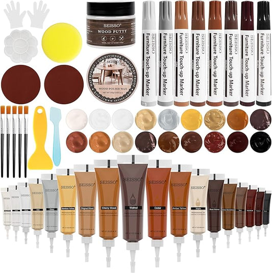 Wood Furniture Repair Kit- 40 Sets, Wood Fillers Hardwood Laminate Repair Kit with 18 Colors Oak Walnut, Wood Putty Touch Up Kit- Cover Wood Scratches, Stains, Holes for Table, Door, Veneer, Cherry