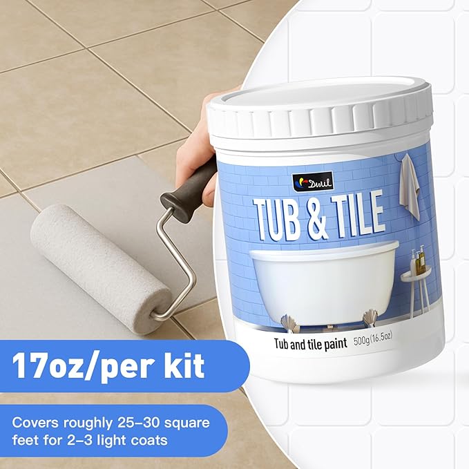 DWIL Tub and Tile Paint 16.5 oz, Tub Paint for Bathtub, Tile Refinishing with Hardener, Water Based, Low Odor, Semi-Gloss Light Gray, 25-30sq.ft