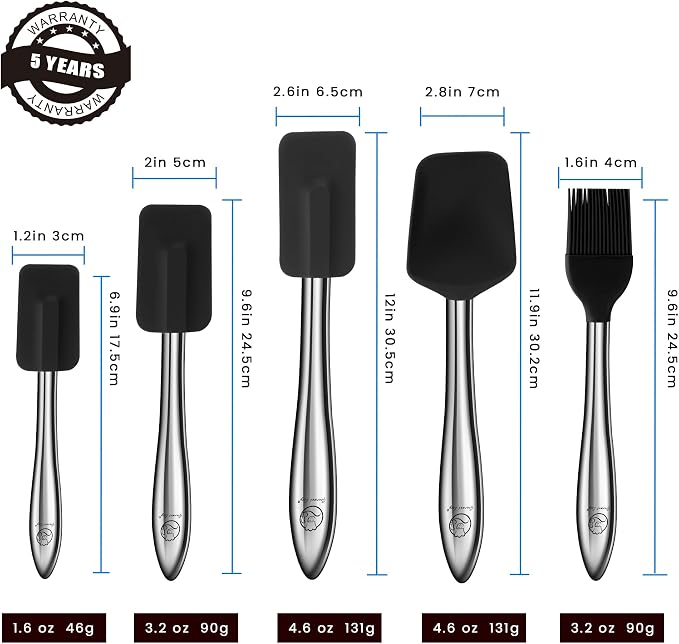 5pcs Silicone Spatula Cooking Utensils Set with Stainless Steel Handles, Premium Heat-Resistant Kitchen Utensils for Baking, Spoonula & Silicone Brush Included, Safe for Nonstick Cookware (Black)