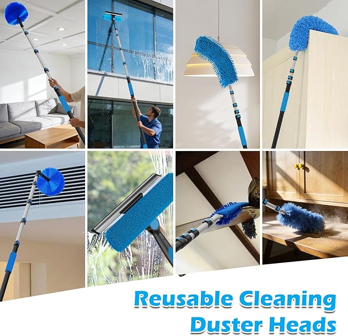 16FT Reach High Ceiling Duster Kits with 3-12FT Adjustable Pole - Includes Extra Long Duster, High Ceiling Duster, Rotatable Window Squeegee & Cobweb Duster for Ceiling Fans and Whole House Cleaning