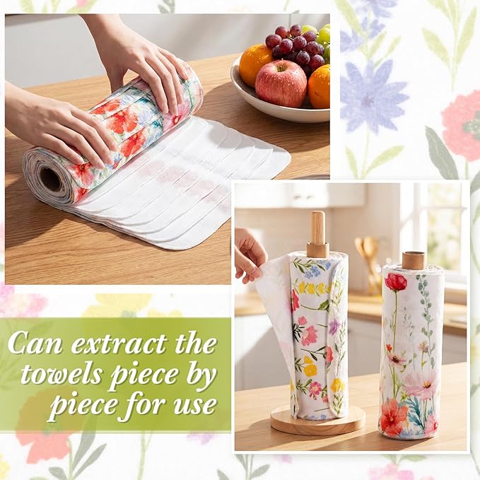 Redbaker 50 Pcs Reusable Paper Towels Paperless Reusable Cotton Cloths Toilet Absorbent Washable Paper Towels with Roll Kitchen Dishcloth for Kitchen Paperless Dishcloths (Wildflower)