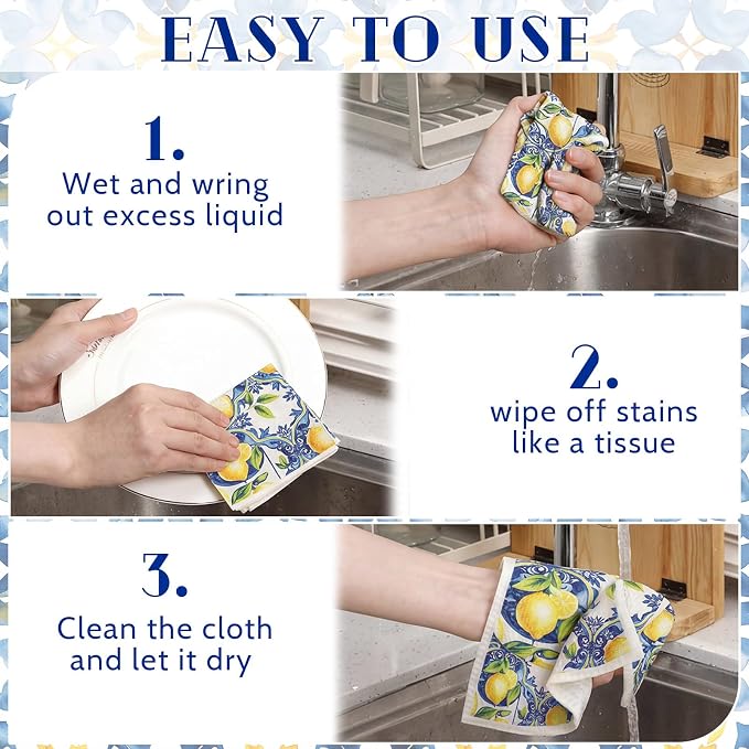 Mifoci 12 Pcs Capri Lemon Swedish Kitchen Dishcloths 7 x 8 Inch Reusable Capri Lemon Dish Towels Absorbent Cotton Cleaning Cloths for Kitchen Cleaning Wipes Housewarming