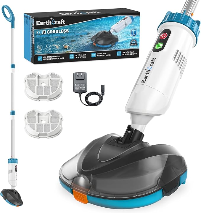 18.5 GPM Suction Pool Vacuum for Above Ground Pool,Hot Tubs,Spas | Telescopic Pole Up To 75'', 1.4L Debris Capacity, 60 Min Runtime, Filter Net*2, Cordless Pool Vacuum