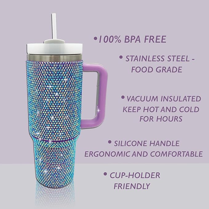 40oz Bling Tumbler with Handle and Straw Lid Rhinestone Studded Tumbler Cups Vacuum Insulated Stainless Steel Double Wall Water Bottle Travel Mug Gifts for Women Her (Purple)