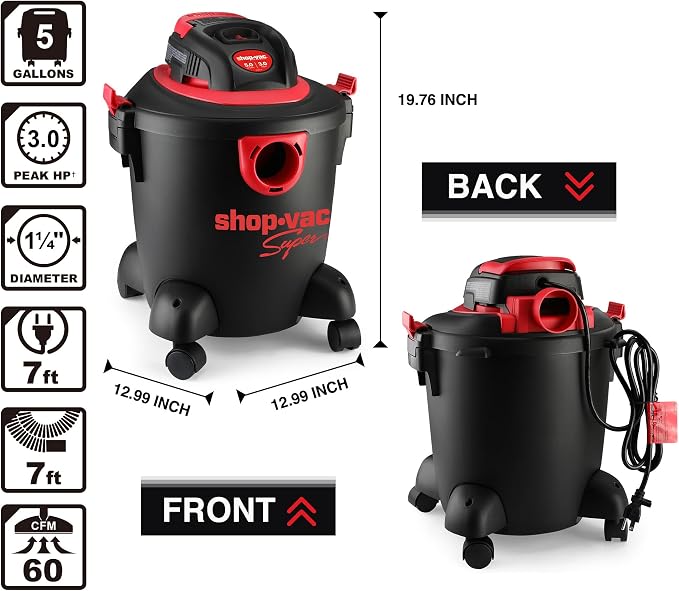 Shop-Vac 2035089 Wet/Dry Vacuum Cleaner, 5 Gallon, 3.0 Peak HP, 1.25 Inch Diameter x 7 Foot Hose, 7 Foot Cord, Ideal for Jobsite, Garage & Workshop