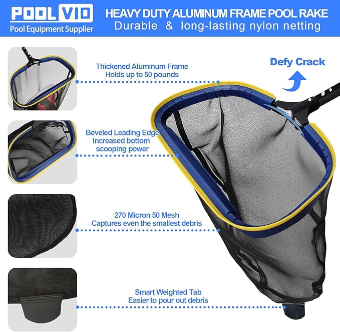 Poolvio Deluxe Swimming Pool Cleaning Kit Including Skimmer Net, 2-in-1 Pool Brush & Weighted Vacuum Head with Wheels for Above Ground & Inground Pools (No Pole)
