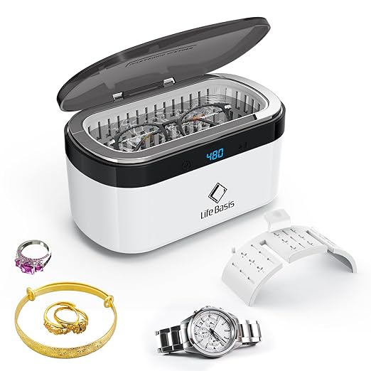 Life Basis Ultrasonic Jewelry Cleaner – Portable 500ML Sonic Cleaning Machine with 42kHz Deep Cleaning, 5 Timer Settings, Stainless Steel Tank, for Rings, Eyeglasses, Watch Straps, Coins, Dentures