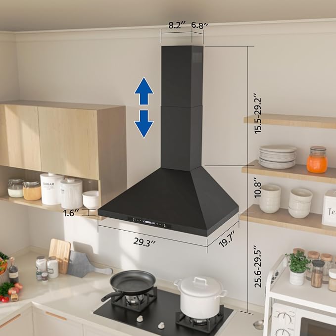 FIREGAS Wall Mount Black Range Hood 30 Inch, 900 CFM Ducted Kitchen Hood 3-Speed Exhaust Fan, Gesture/Touch Control, Timer, 2 Baffle Filters, Stainless Steel Stove Vent Hood