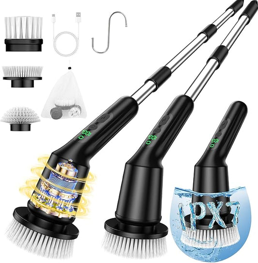 Shower Scrubber with Long Handle, Bathroom Cleaner Brush with IPX7 Waterproof, Cordless Electric Spin Scrubber for Cleaning with 2 Speed, Cleaning Supplies for Bathtub Kitchen Floor Tile Toilet