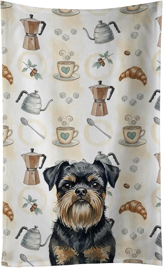 Caroline's Treasures Black and Tan Brussels Griffon Coffee Bar Kitchen Towel Velour Plush Front and Cotton Loop Back Machine Washable