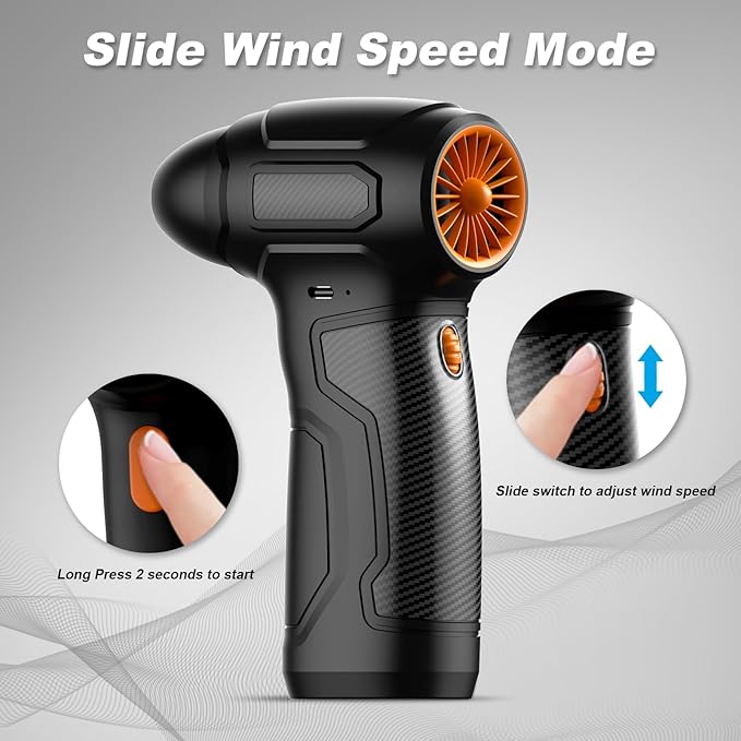 Electric Air Duster, 200,000 RPM 8000mAh Rechargeable Compressed Air Alternative with 6 Brushes, Handheld Blower for Car Bike, Workshop, Grill, 3D Printing, Slide Speed Control (Orange)