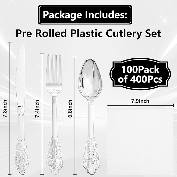 400PCS Pre Rolled Silver Plastic Silverware Sets - Heavy Duty Fancy Silver Cutlery - Include 100 Pack Wrapped Disposable Utensils with Napkins for Parties, Dinners & Weddings