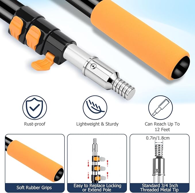 3.7-12 FT Telescopic Extension Pole Adjustable Aluminum Paint Roller & Cleaning Pole | Universal Twist-On Metal Tip | Sturdy Multi-Purpose Household Tool for Dusting, Painting & More