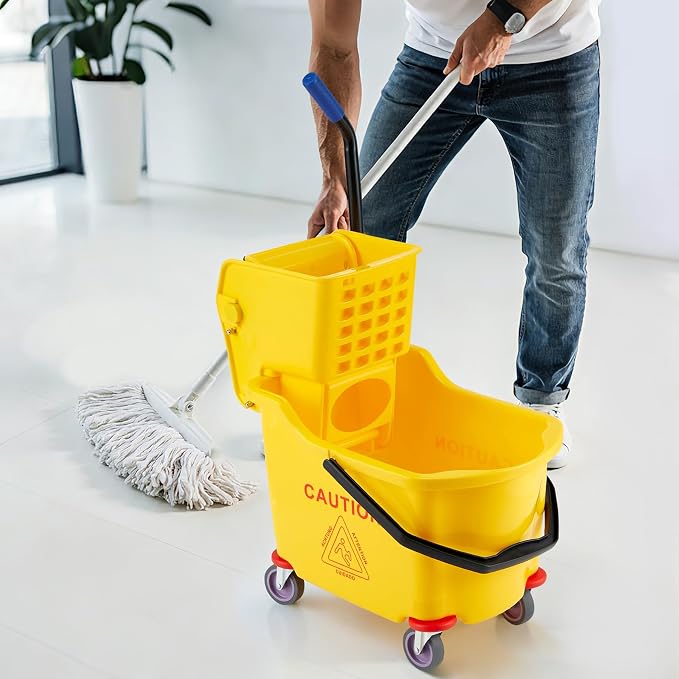 Commercial Mop Bucket with Side Press Wringer on Wheels, 35 Quart Capacity for Floor Cleaning, Kitchens, Restaurants, and Janitorial Use, Yellow