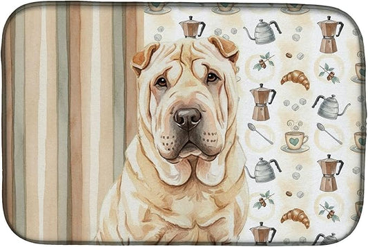 Caroline's Treasures Shar Pei Coffee Bar Dish Drying Mat Absorbent Dish Drying Mat Pad for Kitchen Counter Dish Drainer Mat for Countertop, 14 x 21", Multicolor