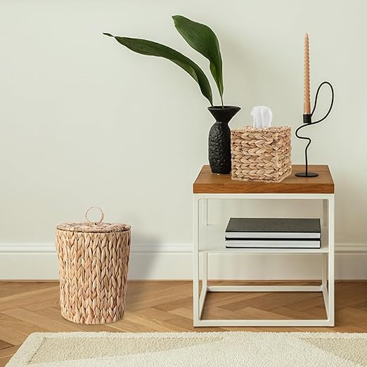 2.6 Gallon Wicker Trash Can with Lid and Square Wicker Tissue Box Cover, Boho Decorative Handwoven Water Hyacinth Rattan Bedroom Bathroom Living Room Accessories Decor (Natural)