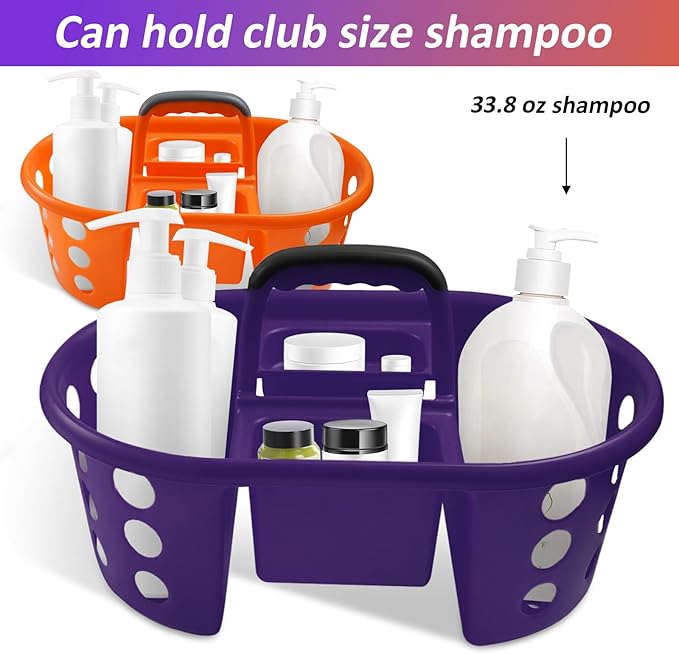 SIMPLYKLEEN Large Shower Caddy Portable 2PC - Made in USA Plastic Jumbo Size Dorm Storage Candy Tote with Handle Shower Organizer for Bathroom, Pantry, Kitchen, College Dorm, Orange/Purple