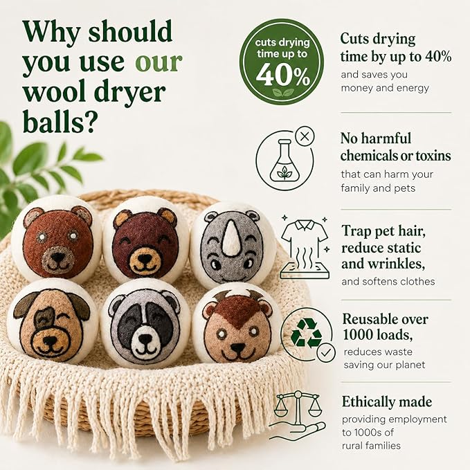 Wool Dryer Balls XL 6-Pack – Organic Wool Dryer Balls for Laundry Reusable, Natural Fabric Softener, Reduces Drying Time, Static, Wrinkles & Laundry Clumping