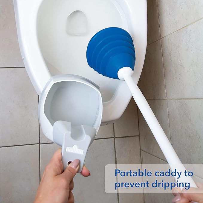 Unger EZ Plunger with No-Drip Carrying Caddy, Tight Seal Toilet Bowl Tool with Portable Holder, Discreet Bathroom Cleaning Supplies, Declogger with Cover, Accordion Shape for Less Splash Back