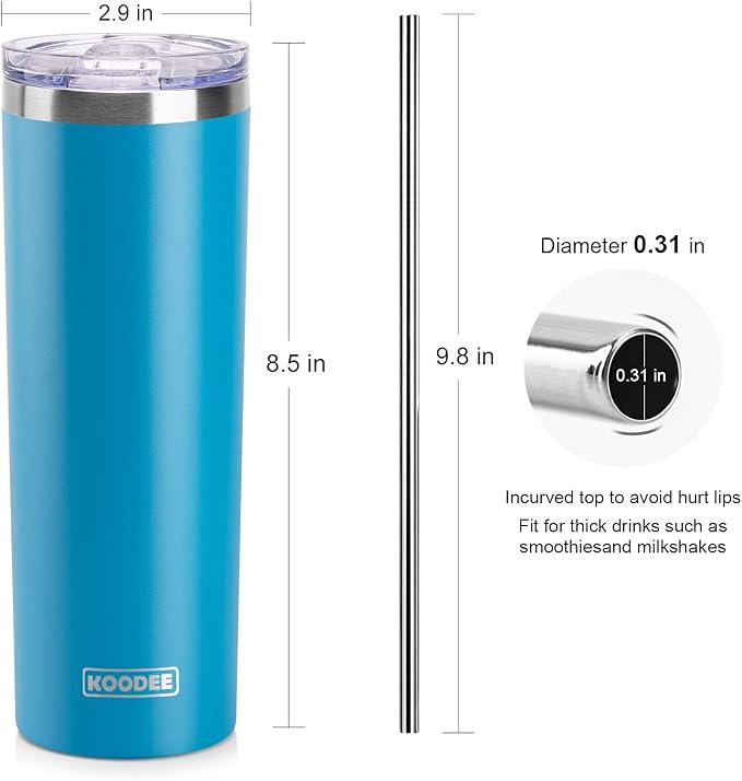 koodee Tumbler with Straw 20 oz Stainless Steel Skinny Tumbler Double Wall Insulated Slim Water Cup for Coffee, Tea (Sky Blue)