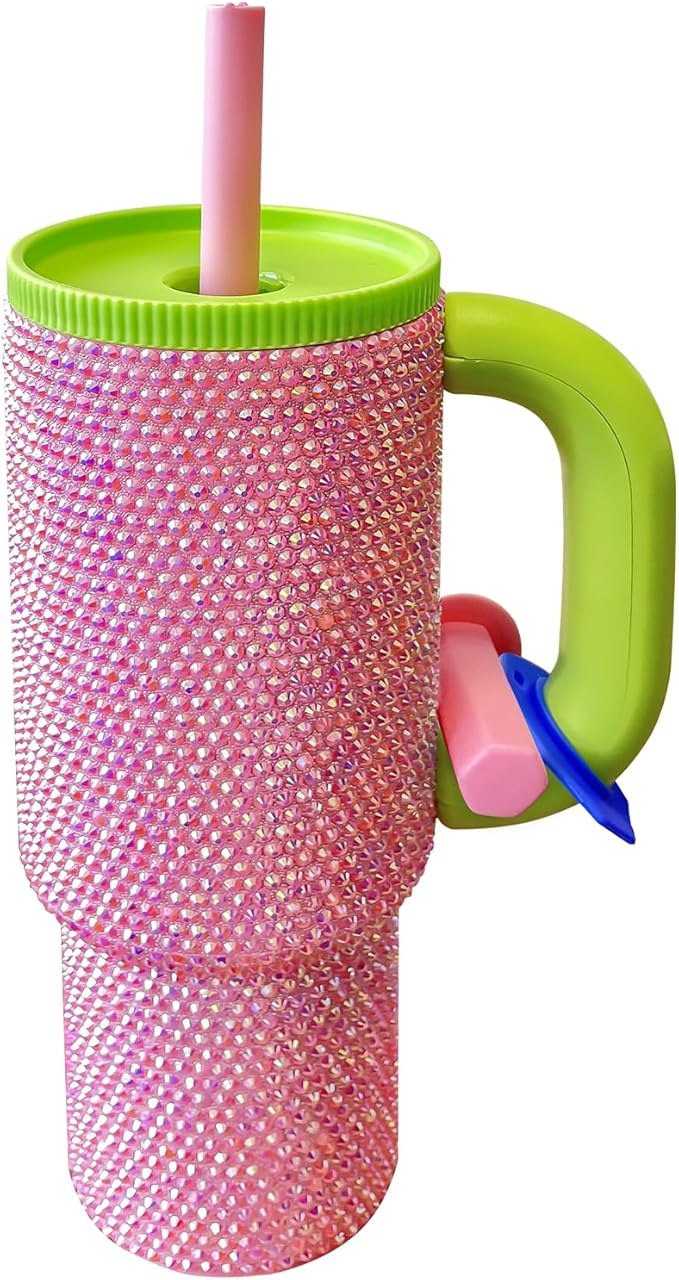 HWISDMIG 40oz Tumbler with Handle-Glitter Rhinestones Tumbler Bling Cups Stainless Steel Water Bottle Diamond Studded Tumbler for Women-Birthday Gifts for Women, Mom, Girlfriend (Fuchsia Flair)