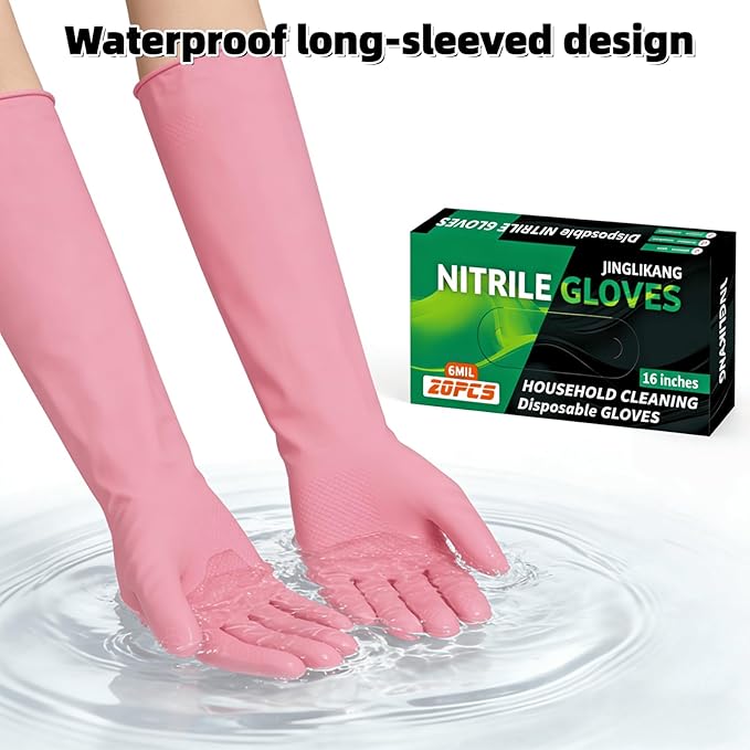 16 inch Nitrile Disposable Gloves Long Sleeved Blue 6Mil Durable Waterproof Latex Free Cleaning Dishwashing 50PCS
