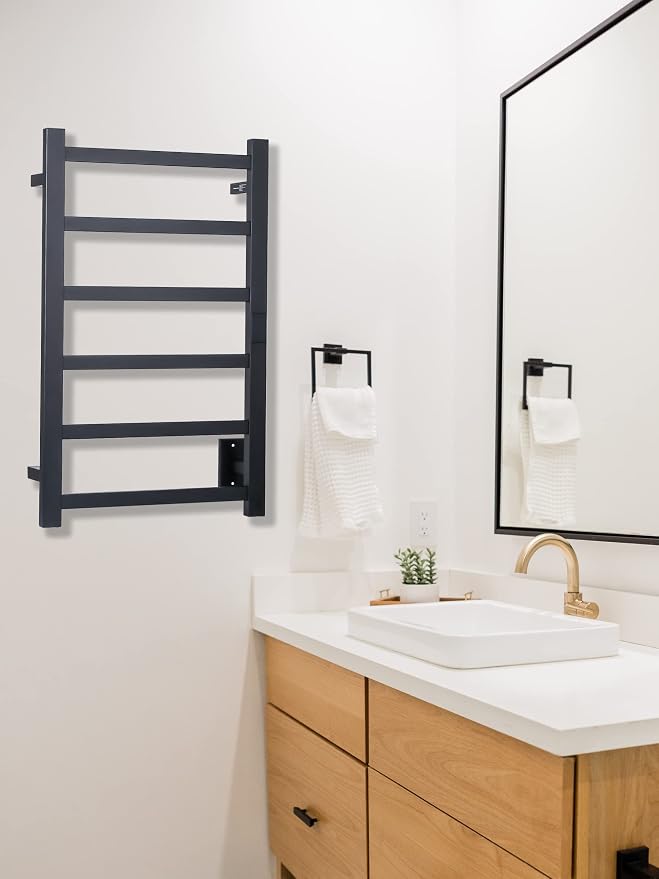 Topdattion Electric Towel Warmer | Super Thin | with Timer & Temperature Multi-Level Adjustments | Hardwired & Plug-in | 6 Bar | Matte Black Finish
