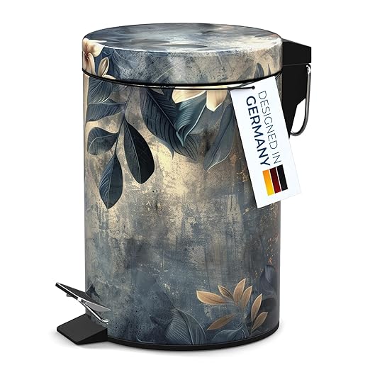 Sanilo Small Bathroom Trash Can with Lid [1.3 Gallon] - Lidded Tiny Trashcan for Garbage - Mini Metal Bin with Soft Closing Mechanism - Bath Room Accessoire Wastebin with Inner Bucket (Lilybud)