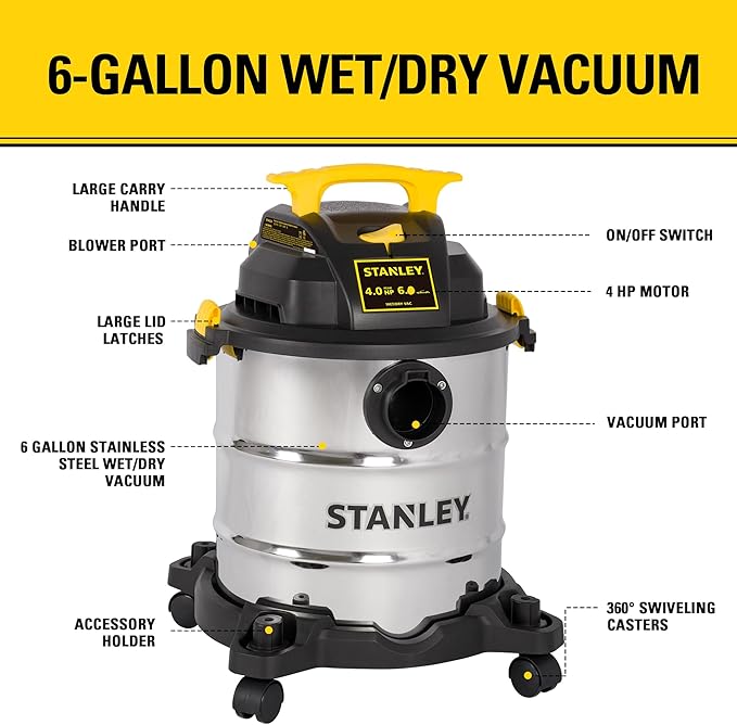 STANLEY SL18116 Wet/Dry Vacuum, 6 Gallon, 4 Horsepower, Stainless Steel Tank, 4.0 HP, Silver+Yellow