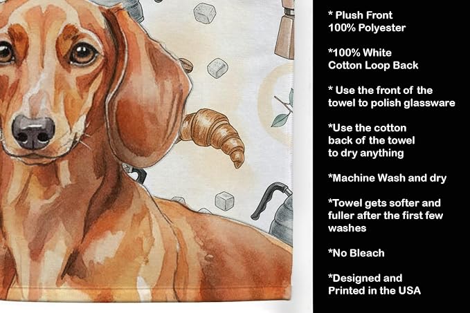Caroline's Treasures Red Brown Dachshund Coffee Bar Kitchen Towel Velour Plush Front and Cotton Loop Back Machine Washable