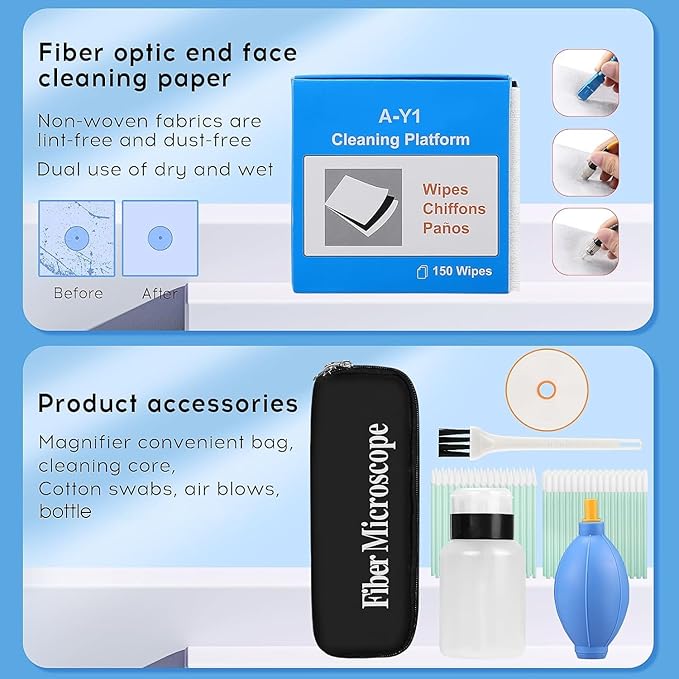 13 Piece kit Fiber Optic Cleaning Tool kit with 400x Optical Fiber Microscope Cleaner SC LC Cleaning Pen 2.5mm 1.25mm Interface Cleaning Box with Replace core Fiber Optic Cleaner kit