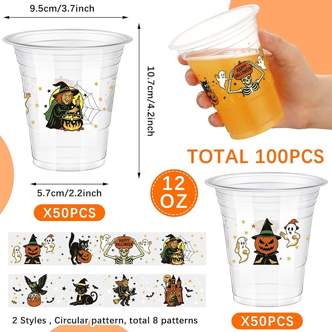 Eaasty 100 Pcs 12 oz Vintage Halloween Disposable Plastic Cups Retro Witch Cat Pumpkin Ghost Owl Skeleton Cups for Beverage Ice Cream Snacks Party Supplies Decoration