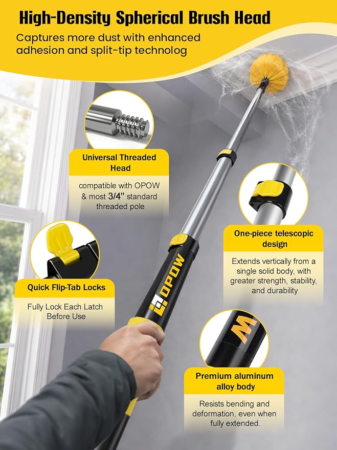 5-12Ft Telescoping Cobweb Duster with Extension Pole, 25Ft High Reach Lightweight Aluminum Duster, 2 Washable Replaceable Spider Web Brush Heads, 270° Swivel Joint for Indoor Outdoor Ceilings/Garage