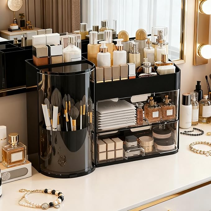 Makeup Storage Box Mesh, Makeup Organizer For Vanity, Cosmetic Display Cases With Transparent Cover, Drawers, Dustproof, Portable Handle, For Vanity, Dresser, Countertop (Blak)