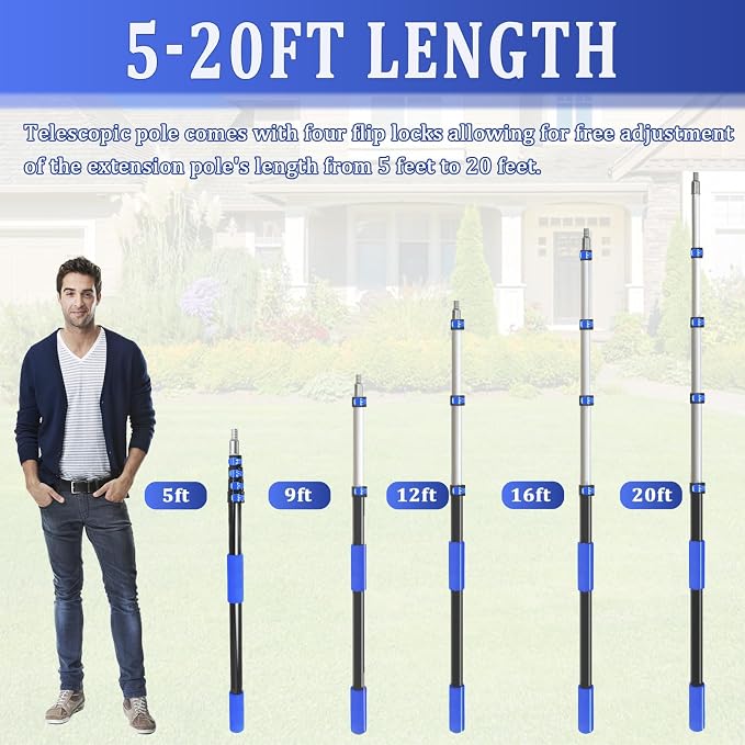 28FT Reach Telescopic Extension Pole, 5-20FT Multi-Purpose Extendable Pole with Universal Twist-on Metal Tip, Lightweight Sturdy Aluminum Paint Roller Extension Pole for Dusting Painting Cleaning