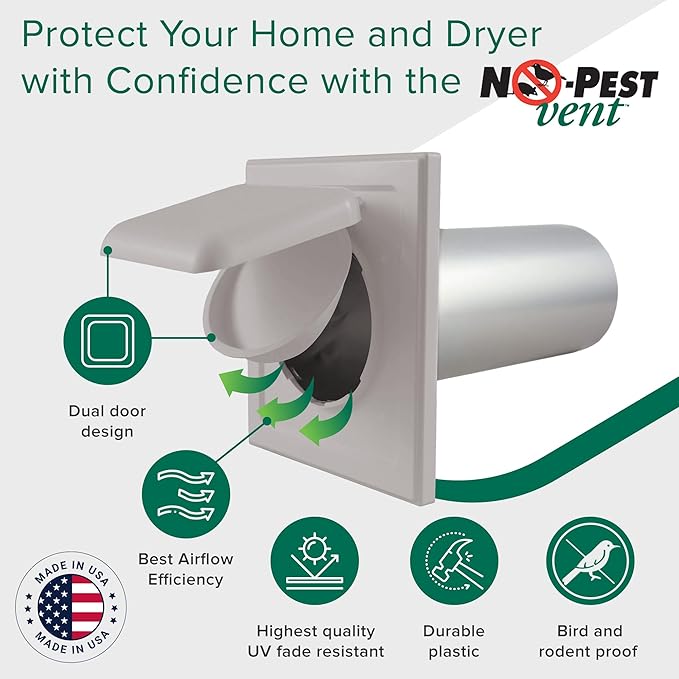 NO-PEST VENT, Exclusive Dual Door Dryer Vent Cover Outdoor 4 inch or Bathroom fan, Made in USA w Highest UV Resistant Plastic in any Outdoor Vent Cover (Light Grey, 4 inch W/O Duct Tube)