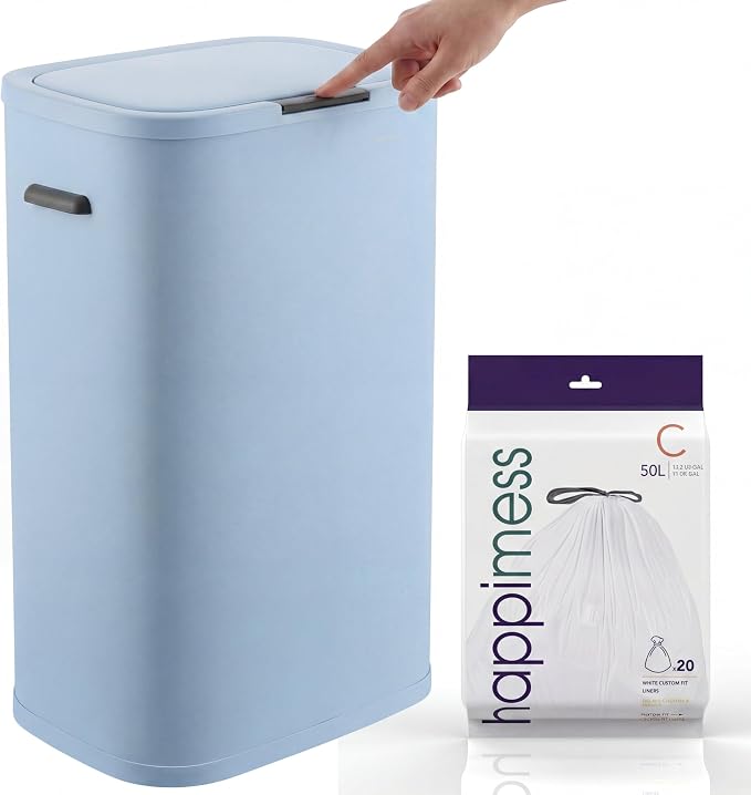 happimess HPM1017H Tammi Kitchen 14.5-Gallon Slim Metal Push Button Trash Can for Home, Kitchen, Laundry Room, Office, Bedroom, Bathroom, Tide Pool Blue