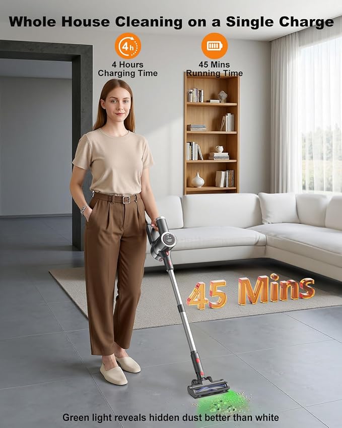 Cordless Vacuum Cleaner, Stick Vacuum Rechargeable, 550W 45KPA Powerful Suction Lightweight Vacuum Cleaners for Home, Anti-Tangle, Self Standing for Pet Hair Hardwood Floor Carpet - Silver