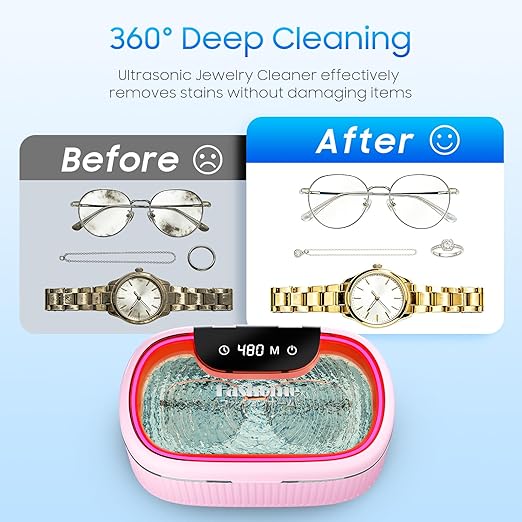 Ultrasonic Jewelry Cleaner Machine with 2×100ml Cleaning Solution, 45kHz Sonic Cleaner for Rings, Glasses & Watch Band, 550ML Stainless Steel Tank, 5 Timer, 3 Power Levels, Degas Mode-Pink
