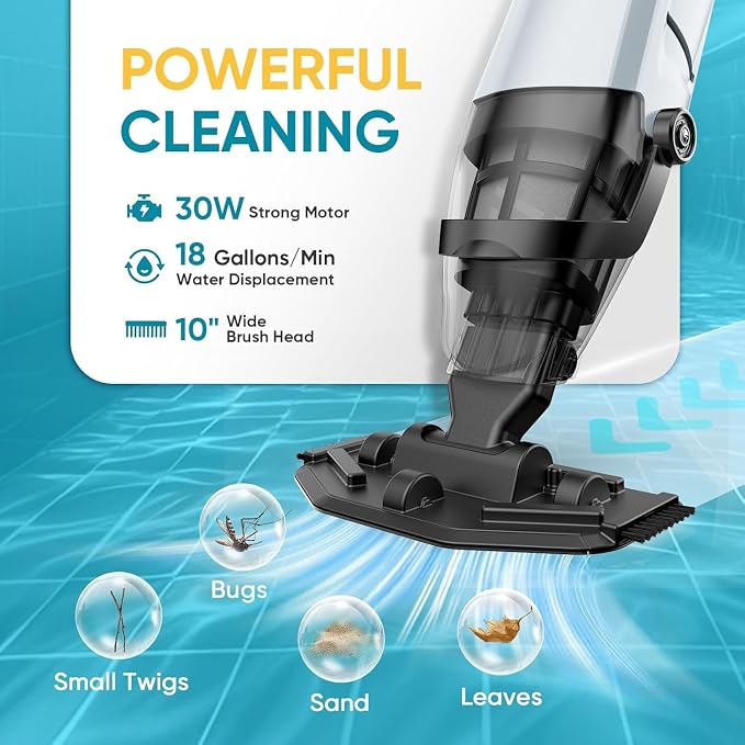 Cordless Pool Vacuum for Above Ground and Inground Pools, 18 GPM Powerful Suction Handheld Rechargeable Pool Cleaner with Versatile 4-Section Pole, 1H Runtime, Ideal for Leaves, Sand and Debris