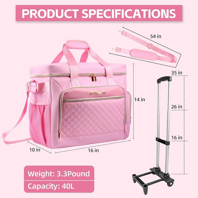 Rolling Teacher Bag with Detachable Cart - 1680D Waterproof Oxford Rolling Cart for Teachers, Large Capacity Tote with Wheels Fits 15.6" Laptop & Tablet(PINK)
