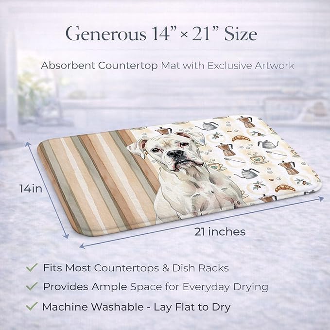 Caroline's Treasures White Boxer Coffee Bar Dish Drying Mat Absorbent Dish Drying Mat Pad for Kitchen Counter Dish Drainer Mat for Countertop, 14 x 21", Multicolor